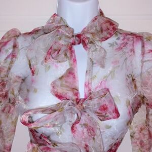 PrettyLittleThing Floral Sheer Pink Green Blouse